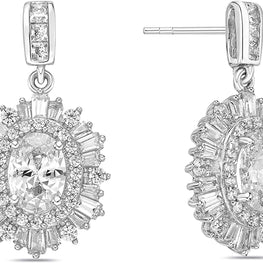 .925 Sterling Silver & Round, Princess, Baguette, and Oval Cut White Cubic Zirconia 7/8" Sunburst Halo Dangle Style Stud Earrings