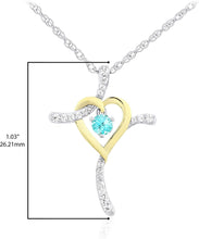 Two Tone 14K Yellow Gold Plated .925 Sterling Silver, Dangling Gemstone & Lab Grown White Sapphire Heart Cross Pendant Necklace 20” - Choice of Color