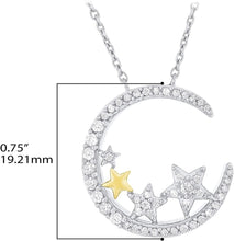 14K Yellow Gold Plated .925 Sterling Silver 1/3 Cttw Diamond Crescent Moon & Stars Necklace on 18