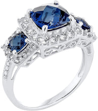 .925 Sterling Silver, Cushion Cut Lab-Grown Blue Sapphire & Round Lab-Grown White Sapphire Halo Engagement or Anniversary Ring