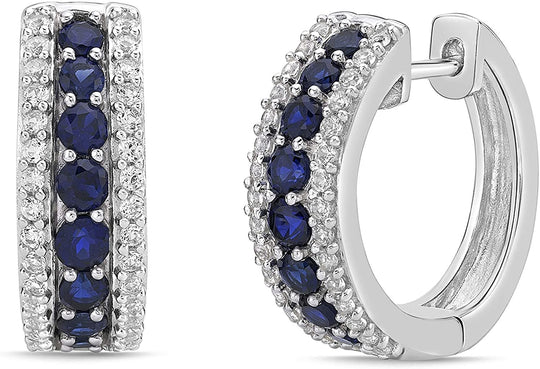 .925 Sterling Silver, Lab Grown Gemstone & Lab Grown White Sapphire 3/4" Triple Column Huggie Earrings - Choice of Gem Color