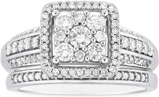 10K White Gold 3/4 Cttw Diamond Cluster Square Halo 3 Row Shank Engagement Ring & Wedding Band Bridal Set (H-I Color, I1-I2 Clarity)