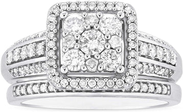 10K White Gold 3/4 Cttw Diamond Cluster Square Halo 3 Row Shank Engagement Ring & Wedding Band Bridal Set (H-I Color, I1-I2 Clarity)