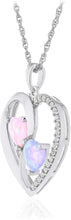.925 Sterling Silver Heart Shape Lab Grown Multi-Color Opals & White Sapphire Heart Pendant Necklace on 18
