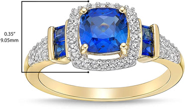 10K Yellow Gold, Cushion and Princess Cut Lab Created Gemstone & Lab Created White Sapphire Halo Fluted Engagement Ring - Choice of Color