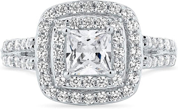 .925 Sterling Silver Cushion Cut Cubic Zirconia Split Shank Double Halo Engagement Ring