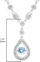 .925 Sterling Silver, Blue Aquamarine & White Topaz Dancing Gem inside Teardrop Halo Milgrain & Filigree Pendant Necklace - 18”