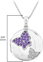 .925 Sterling Silver Purple Amethyst and White Topaz Round Locket Two Butterflies with Dangling Charm “Free” Pendant Necklace - 18”