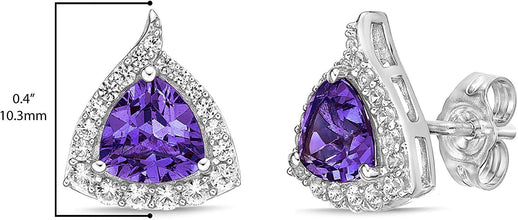 .925 Sterling Silver Trillion Cut Birthstone & Created White Sapphire Halo Stud Earrings - Choice of Birthstone/Month