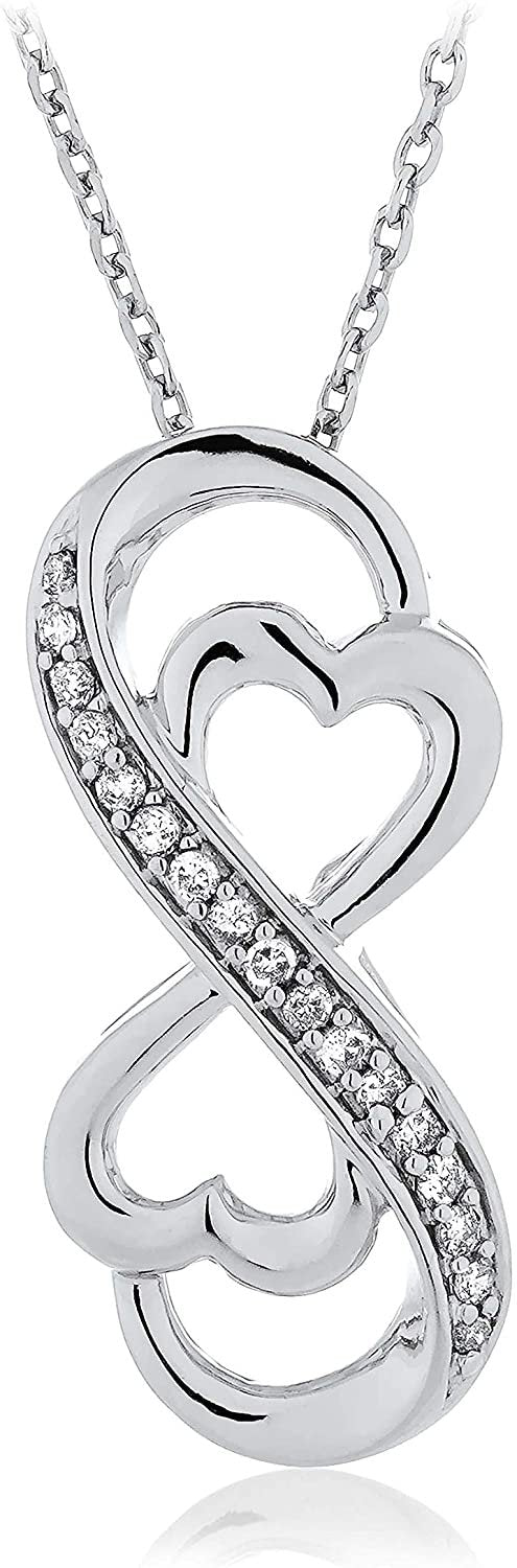 .925 Sterling Silver 1/10 Cttw Diamond Stylized Infinity Knot with Hearts Pendant Necklace on 18" Cable Chain (I-J Color, I2-I3 Clarity)