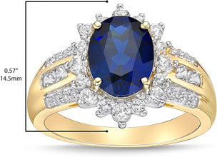 10K Yellow Gold, Lab Created Oval Gemstone & Lab Created White Sapphire Starburst Halo Fluted Cathedral Style Engagement Ring - Choice of Color