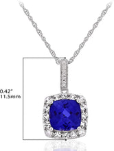 .925 Sterling Silver, Cushion Cut Lab-Grown Blue Sapphire & Lab-Grown White Sapphire Halo Drop Style Pendant Necklace - 18”