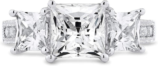 .925 Sterling Silver & Princess Cut Cubic Zirconia Three Stone Filigree Heart Anniversary or Engagement Ring