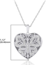 .925 Sterling Silver Cubic Zirconia Heart Shaped Open Filigree Butterfly Locket Pendant Necklace with 18