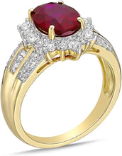 10K Yellow Gold, Lab Created Oval Gemstone & Lab Created White Sapphire Starburst Halo Fluted Cathedral Style Engagement Ring - Choice of Color