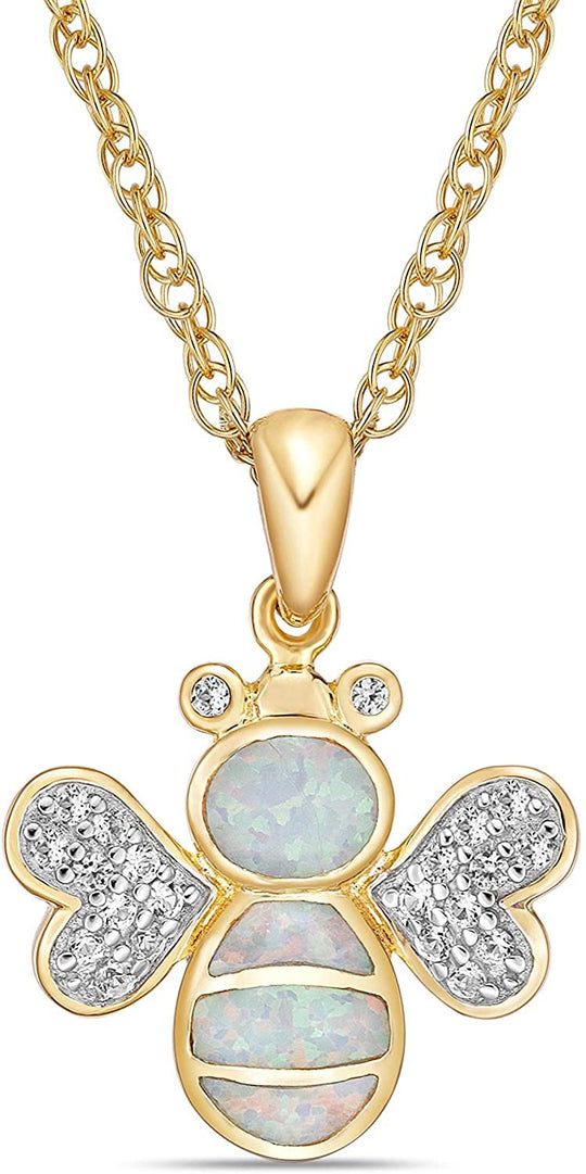 14K Yellow Gold Plated .925 Sterling Silver, Lab Grown White Opal Inlay & Lab Grown White Sapphire Bumble Bee Pendant Necklace with 20" Rope Chain