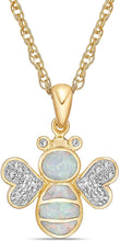 14K Yellow Gold Plated .925 Sterling Silver, Lab Grown White Opal Inlay & Lab Grown White Sapphire Bumble Bee Pendant Necklace with 20