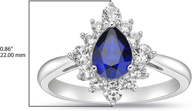 .925 Sterling Silver, Pear Cut Lab-Grown Gemstone & Round Lab-Grown White Sapphire Halo Teardrop Engagement Ring - Choice of Gem Color