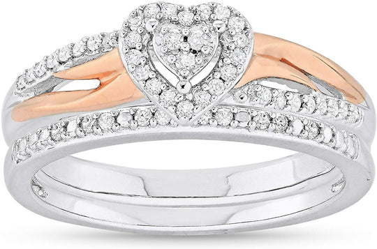 14K Rose Gold Plated .925 Sterling Silver 1/5 Cttw Diamond Two Tone Heart Halo Engagement Ring and Wedding Band Bridal Set (H-I Color, I1-I2 Clarity)