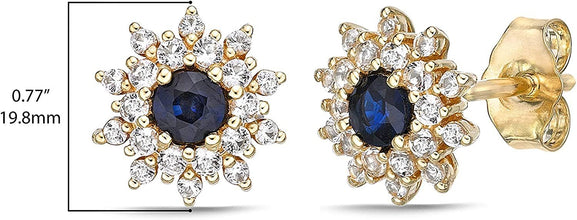 10K Yellow Gold Round Genuine Precious Gemstone & White Topaz Halo Stud Earrings