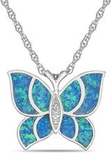 .925 Sterling Silver, Lab Grown Blue Green Opal Inlay & Lab Grown White Sapphire Butterfly Pendant Necklace with Rope Chain - 20”