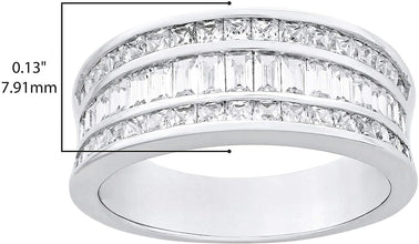 .925 Sterling Silver Baguette Cut & Princess Cut Gemstone Channel Set Band Statement Ring - Choice of Cubic Zirconia or Created Blue & White Sapphire