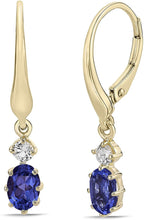 14K Yellow Gold Plated .925 Sterling Silver Oval Cut Birthstone & Created White Sapphire Leverback Dangle Earrings - Choice of Birthstone/Month