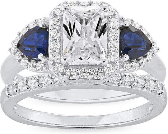 .925 Sterling Silver Radiant Cut Cubic Zirconia & Trillion Cut Lab Created Blue Sapphire Halo Three Stone Engagement and Wedding Ring Set
