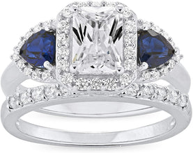 .925 Sterling Silver Radiant Cut Cubic Zirconia & Trillion Cut Lab Created Blue Sapphire Halo Three Stone Engagement and Wedding Ring Set