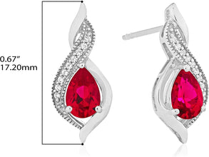 .925 Sterling Silver Pear-Shaped Birthstone & Lab-Grown White Sapphire or CZ Milgrain Twist Stud Drop Earrings - Choice of Gem Color/Month