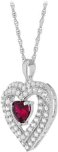 .925 Sterling Silver Heart Cut Lab-Grown Ruby & Round Lab-Grown White Sapphire Heart Inside Double Row Halo Frame Pendant Necklace - 18”