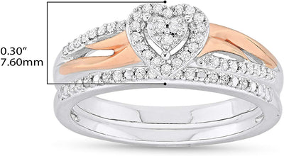 14K Rose Gold Plated .925 Sterling Silver 1/5 Cttw Diamond Two Tone Heart Halo Engagement Ring and Wedding Band Bridal Set (H-I Color, I1-I2 Clarity)