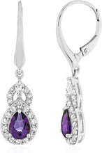 Sterling Silver Teardrop Birthstone & Lab Grown White Sapphire or CZ Art Deco Drop Hinged Latch Back Dangle Earrings - Choice of Gem Color/Month