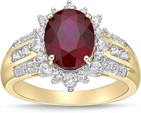 10K Yellow Gold, Lab Created Oval Gemstone & Lab Created White Sapphire Starburst Halo Fluted Cathedral Style Engagement Ring - Choice of Color