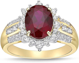 10K Yellow Gold, Lab Created Oval Gemstone & Lab Created White Sapphire Starburst Halo Fluted Cathedral Style Engagement Ring - Choice of Color