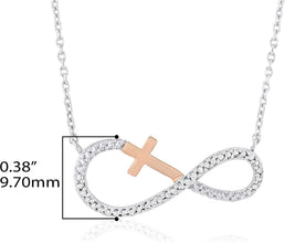 14K Rose Gold Plated .925 Sterling Silver Diamond Accented Cross Sideways Infinity Necklace on 18