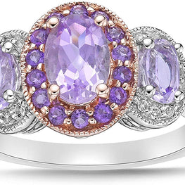 Two Tone 10K Rose Gold & .925 Sterling Silver, Oval Cut Rose de France, Amethyst, and White Topaz Three Stone Halo Anniversary or Engagement Ring