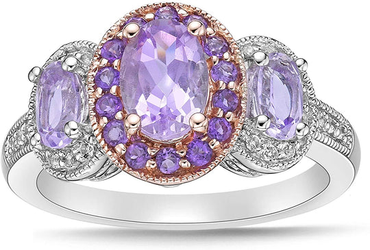 Two Tone 10K Rose Gold & .925 Sterling Silver, Oval Cut Rose de France, Amethyst, and White Topaz Three Stone Halo Anniversary or Engagement Ring