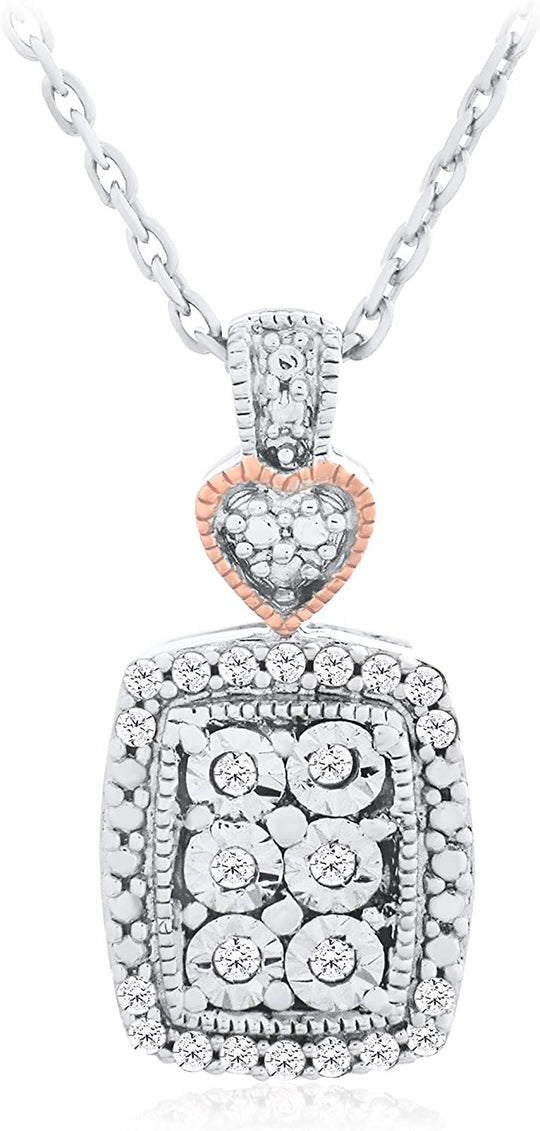 14K Rose Gold Plated .925 Sterling Silver 1/10 Cttw Elongated Cushion Shaped Halo Pendant Necklace on 18" Cable Chain (I-J Color, I2-I3 Clarity)