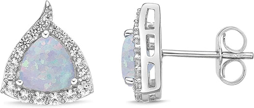 .925 Sterling Silver Trillion Cut Birthstone & Created White Sapphire Halo Stud Earrings - Choice of Birthstone/Month