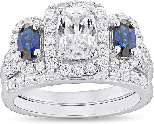 .925 Sterling Silver Elongated Cushion Cut Cubic Zirconia & Oval Lab Created Blue Sapphire Three Stone Engagement Ring and Wedding Band Set