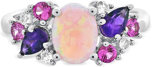 .925 Sterling Silver Oval Cabochon Lab Created Pink Opal Fashion Ring with Natural Amethyst and Created Pink Sapphire Side Stones