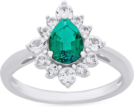 .925 Sterling Silver, Pear Cut Lab-Grown Gemstone & Round Lab-Grown White Sapphire Halo Teardrop Engagement Ring - Choice of Gem Color