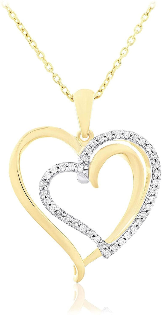 14K Yellow Gold Plated .925 Sterling Silver 1/5 Cttw Diamond Two Overlapping Intertwined Open Hearts Pendant Necklace - 20” (I-J Color, I2-I3 Clarity)