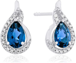 .925 Sterling Silver Pear-Shaped Birthstone & Lab Grown White Sapphire or CZ Teardrop Stud Earrings - Choice of Gem Color/Month