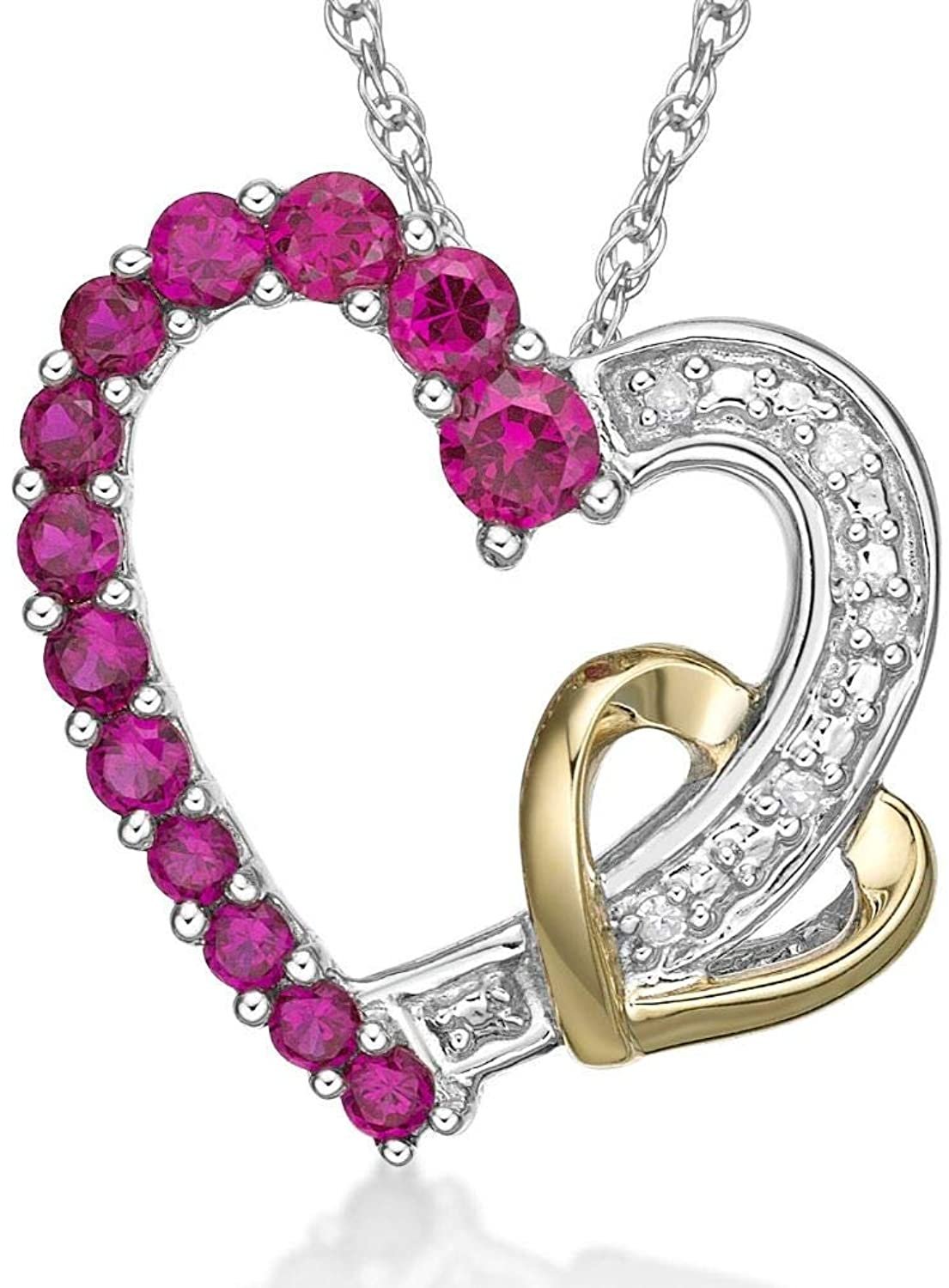 10K Yellow Gold and .925 Sterling Silver Lab Grown Ruby & Diamond Hearts Pendant Necklace on 18" Rope Chain (H-I Color, I1-I2 Clarity)