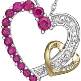 10K Yellow Gold and .925 Sterling Silver Lab Grown Ruby & Diamond Hearts Pendant Necklace on 18" Rope Chain (H-I Color, I1-I2 Clarity)