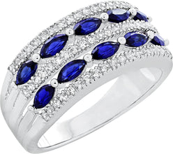 .925 Sterling Silver Lab Grown Blue and White Sapphire Five Row Ring
