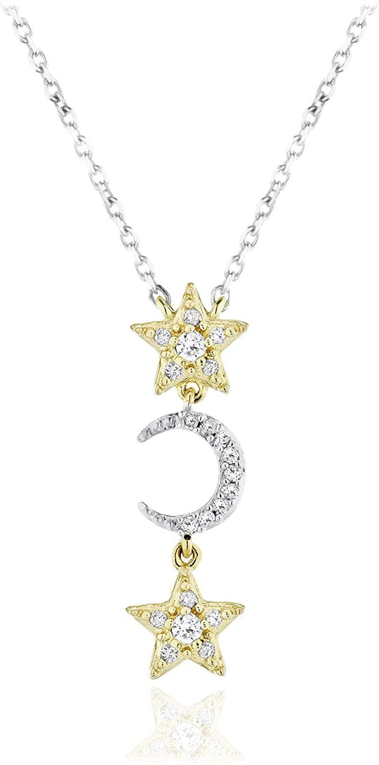 14K Yellow Gold Plated .925 Sterling Silver 1/10 Cttw Diamond Stars & Moon Celestial Pendant Necklace - 18” (I-J Color, I2-I3 Clarity)