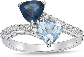 .925 Sterling Silver, Trillion Cut Swiss Blue Topaz and London Blue Topaz & Lab Grown White Sapphire Tonal Bypass Style Engagement Ring